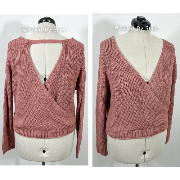MOON & MADISON Dusty Pink Plunging V-Neck Criss Cross Faux-Wrap Sweater - Size L - Picture 1 of 15
